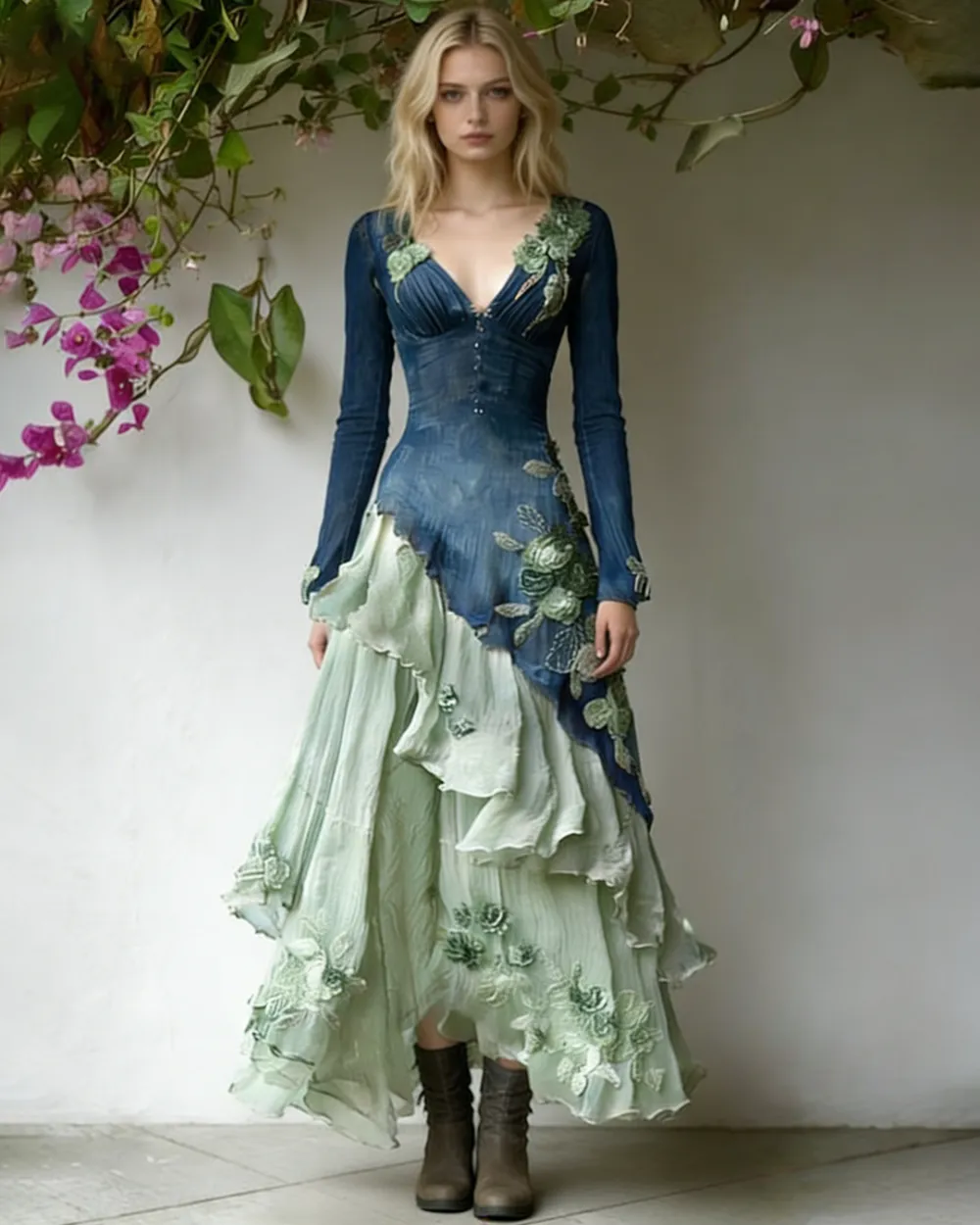 Women's Spring Elegant Flowers Irregular Ruffle Linen Dress