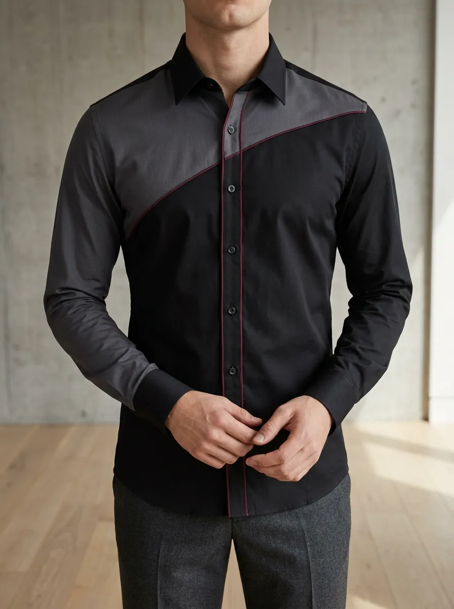 Men's Slim Fit Colorblock Contrast Trim Long Sleeve Shirt