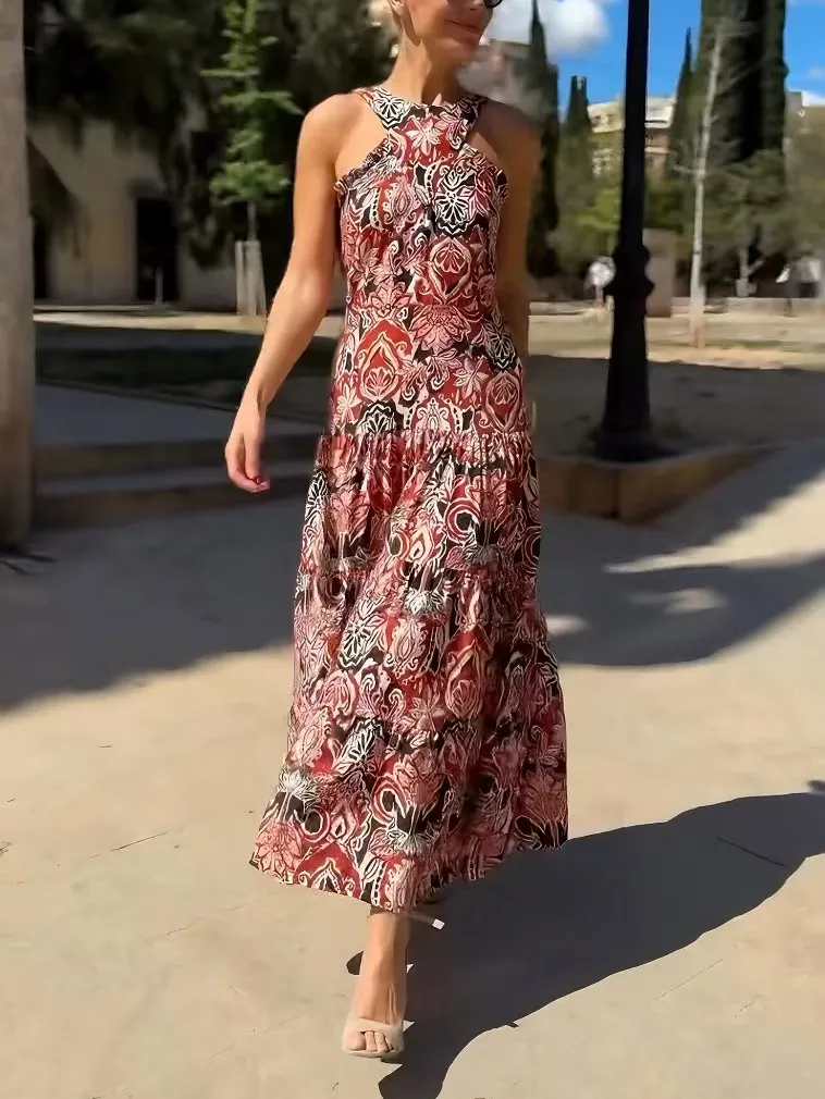Vintage Ethnic Print Layered Midi Dress