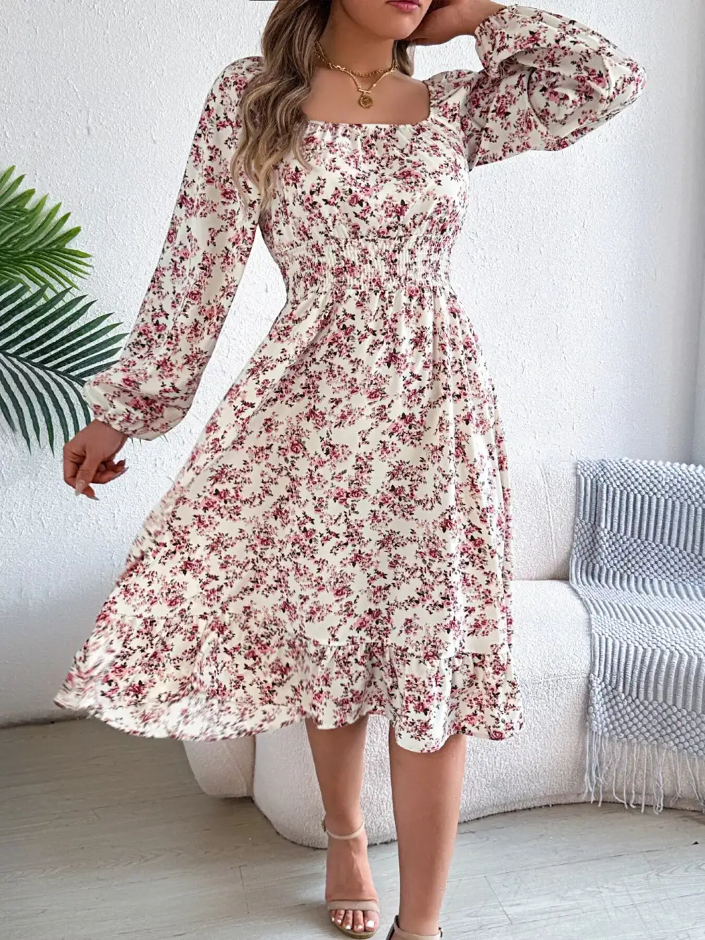 Floral Printed Square Neck Midi Dress
