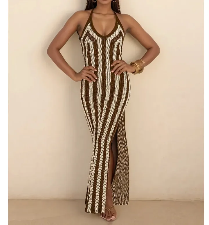 Slit Striped Halter Neck Dress