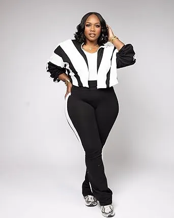 Womens Sweatsuits 2 Piece Set Contrast Color Long Sleeve Zip Up Cropped Jacket Leggings Pants Jogger Track Suits