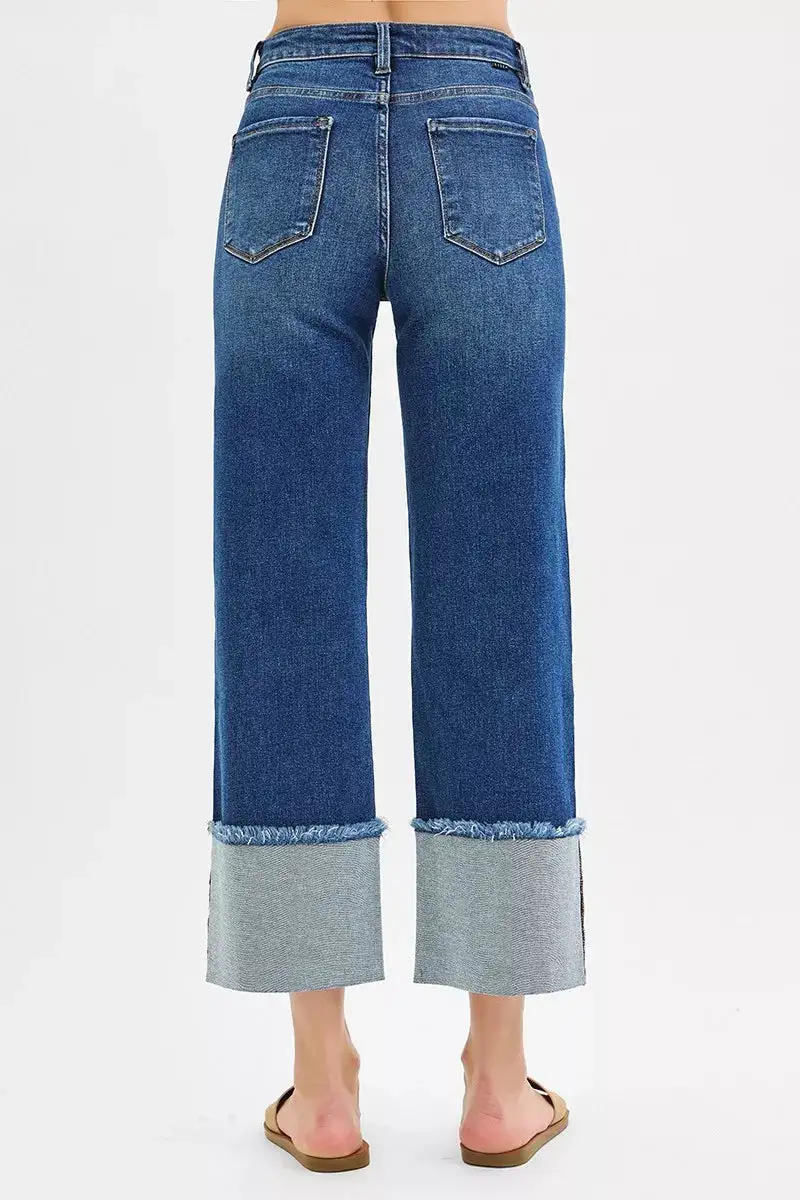 Mid Rise Raw Hem Cuffed Hem Wide Leg Jeans