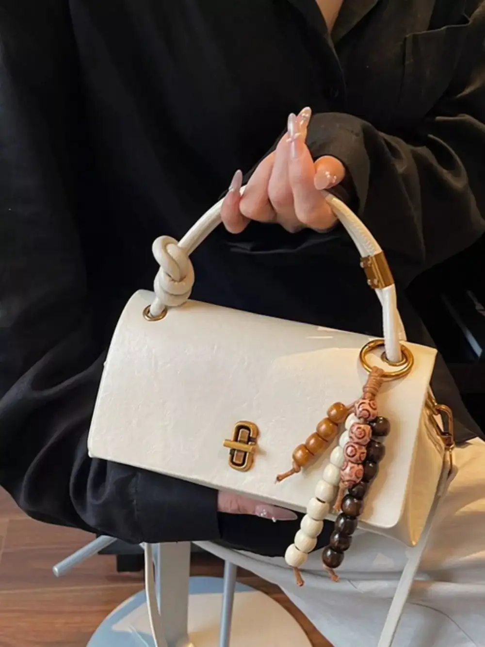 Leather Crossbody Bag with Bead Charm