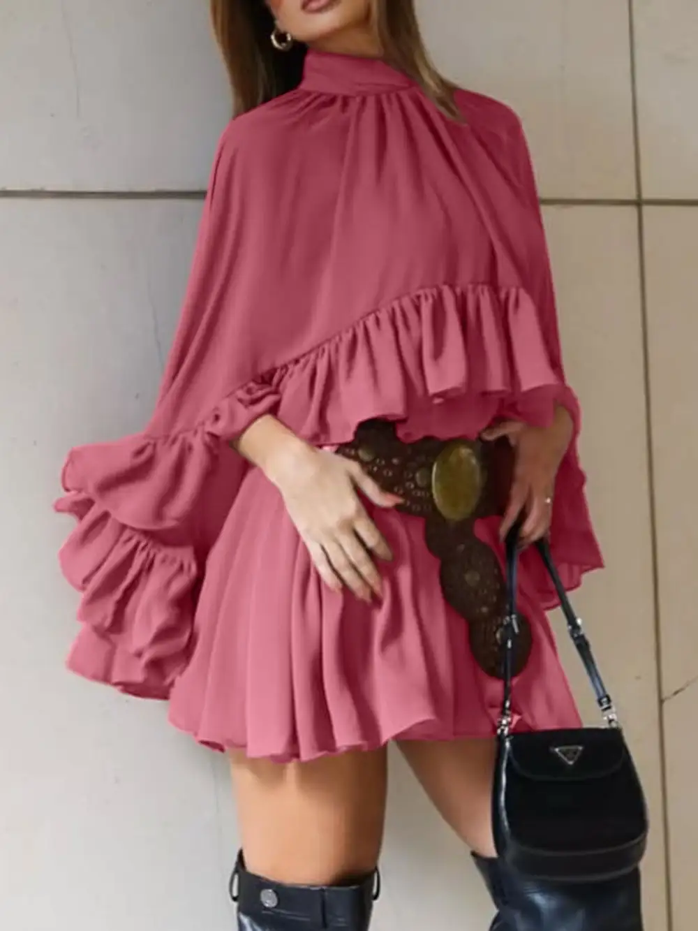 High Neck Ruffle Mini Dress