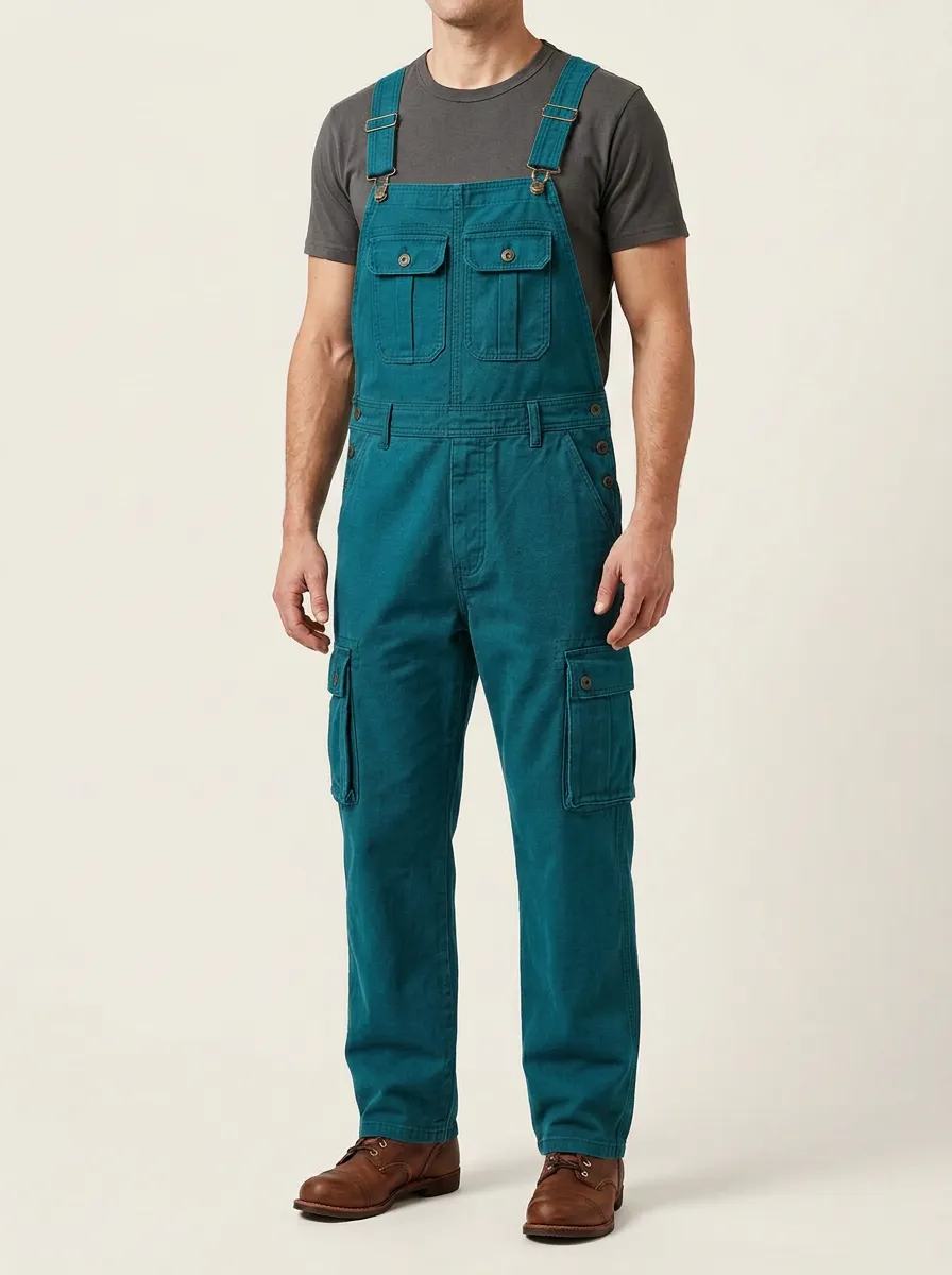 Men's Olive Green Cargo Bib Overalls with Adjustable Straps