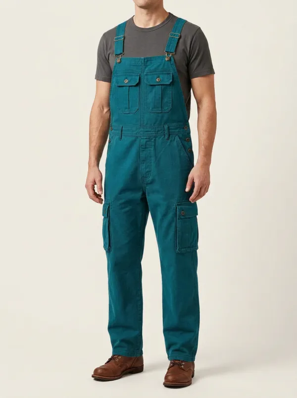 Men's Olive Green Cargo Bib Overalls with Adjustable Straps