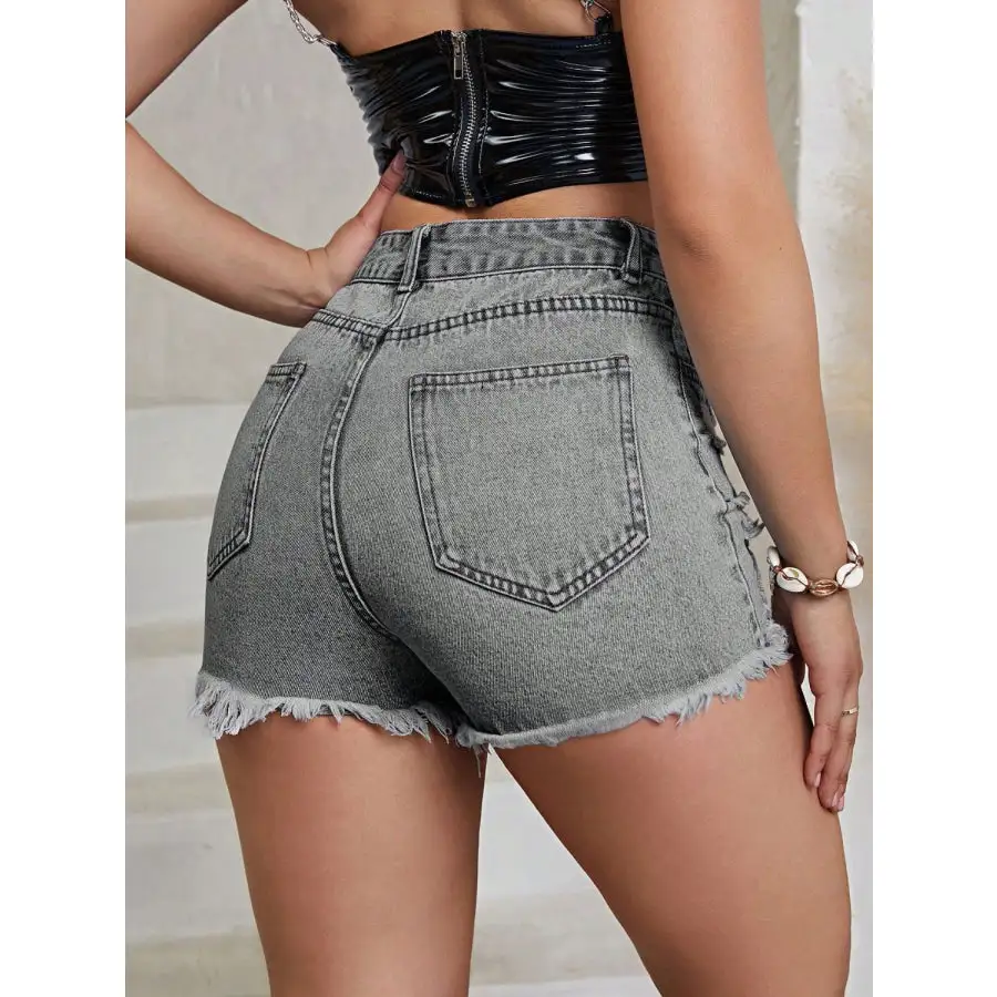 Distressed Raw Hem High Rise Denim Shorts