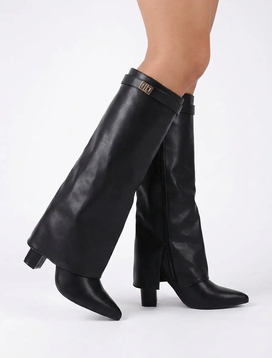 Classic Strap Detail Block Heel Fold-Over Faux Leather Knee High Boots