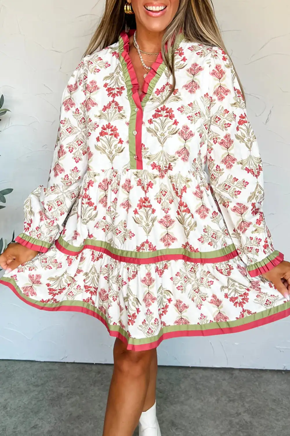 Textured Detail Floral Printed Ruffle Dress