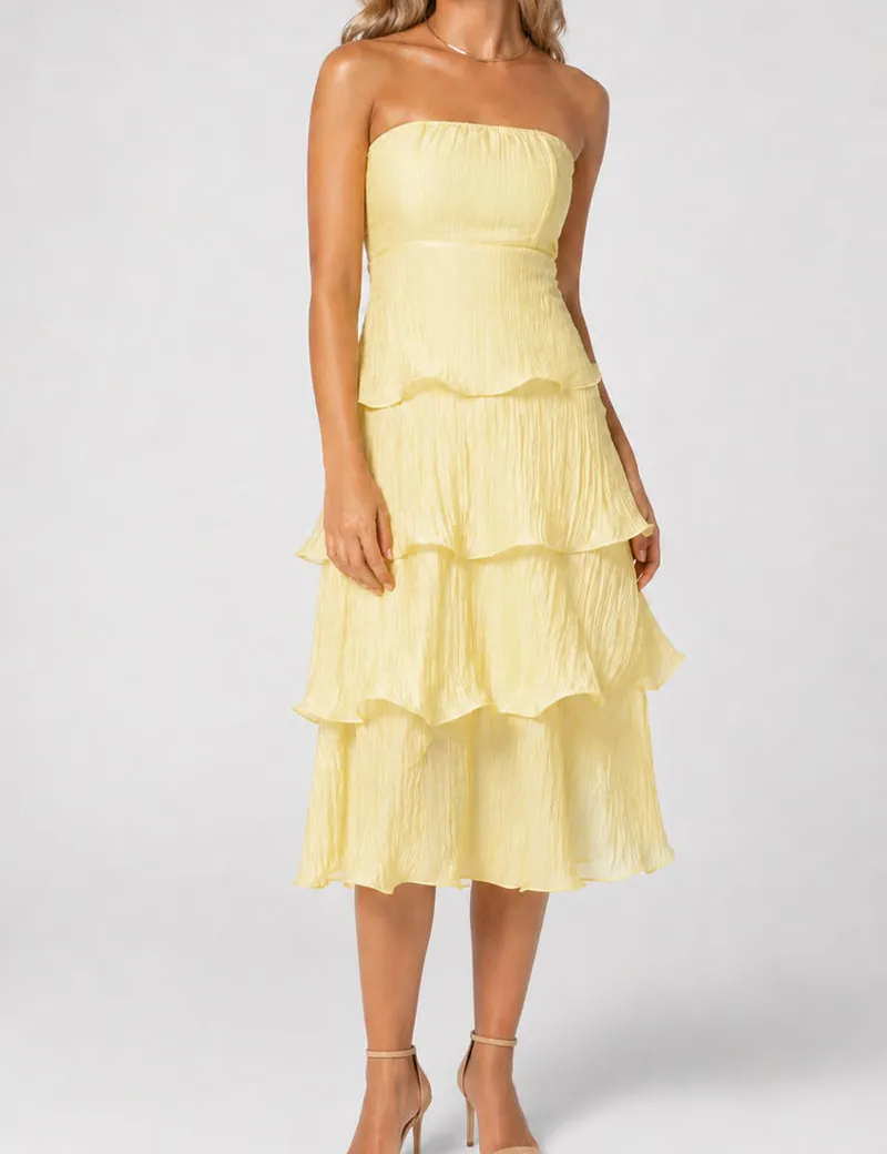 Chic Crinkle Strapless Tiered Ruffle Tube Midi Dress