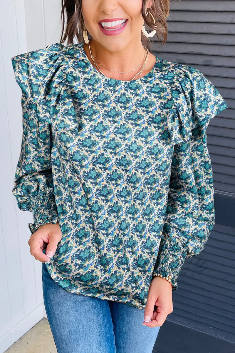 Abstract Print Shirred Puff Sleeve Blouse