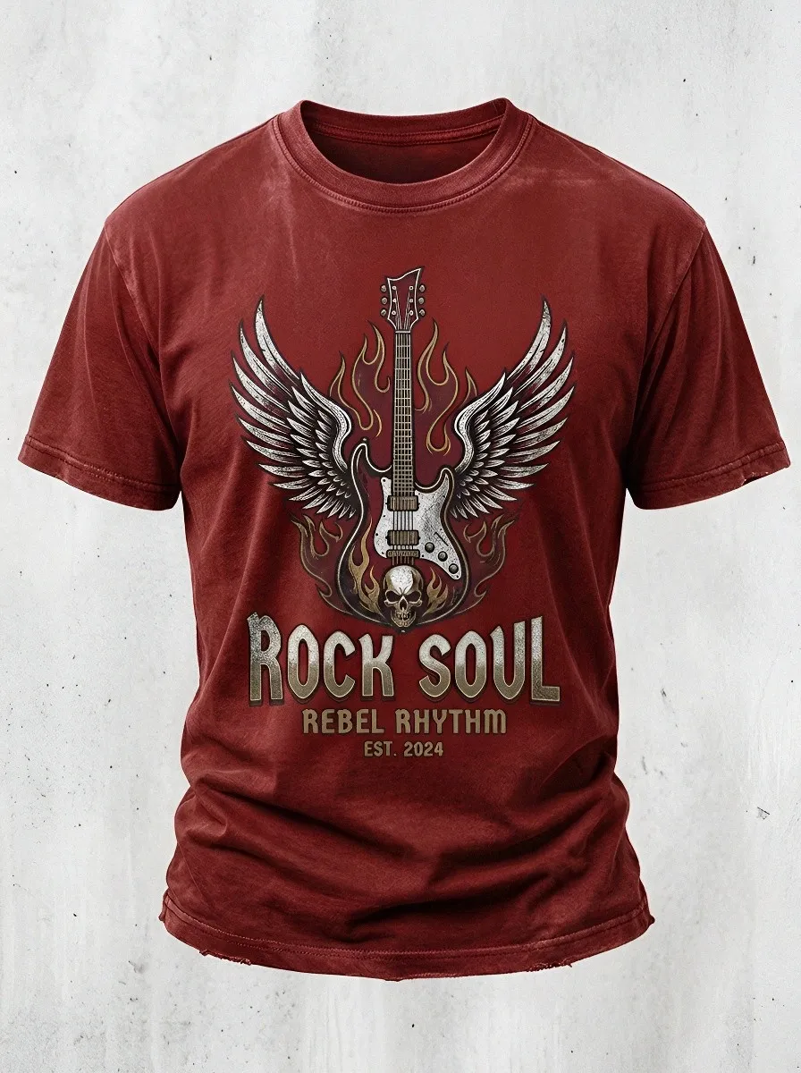 Men's Rock Music Lover Winged Guitar Skull Printed T-shirt