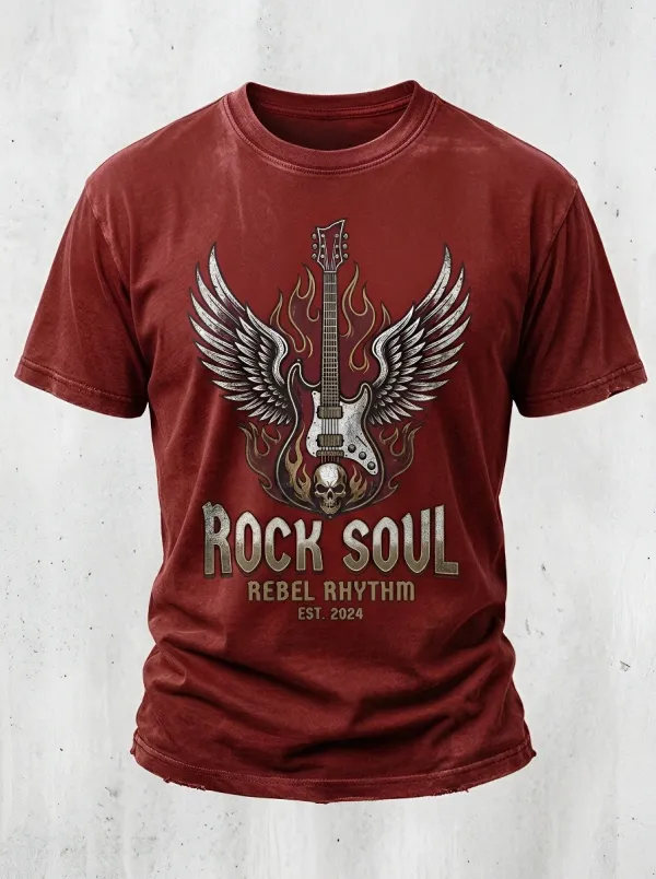Men's Rock Music Lover Winged Guitar Skull Printed T-shirt