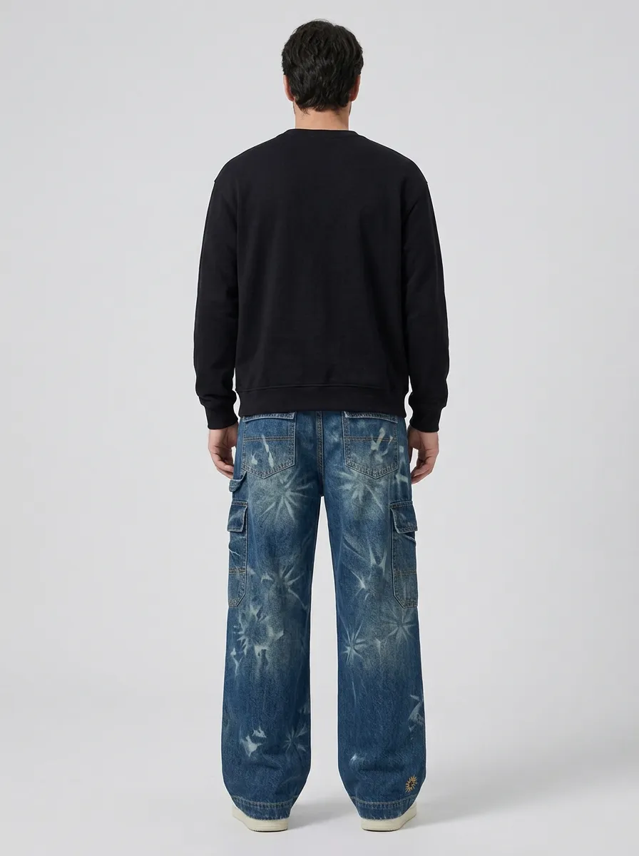 Wide Leg Embroidered Detail Star Graphic Men's Loose Fit Jeans