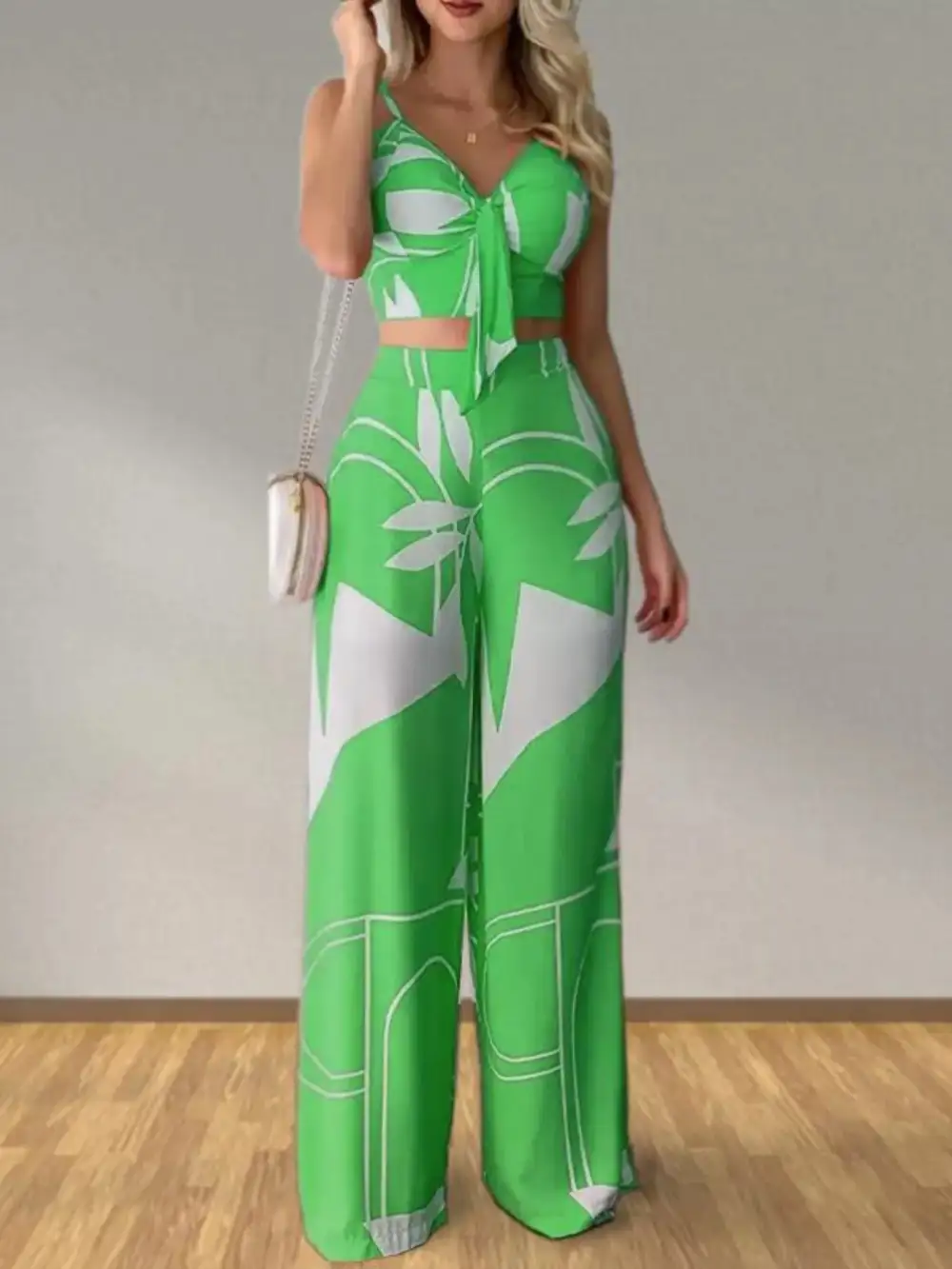 Tropical Print Spaghetti Strap Crop Top and Wide Leg