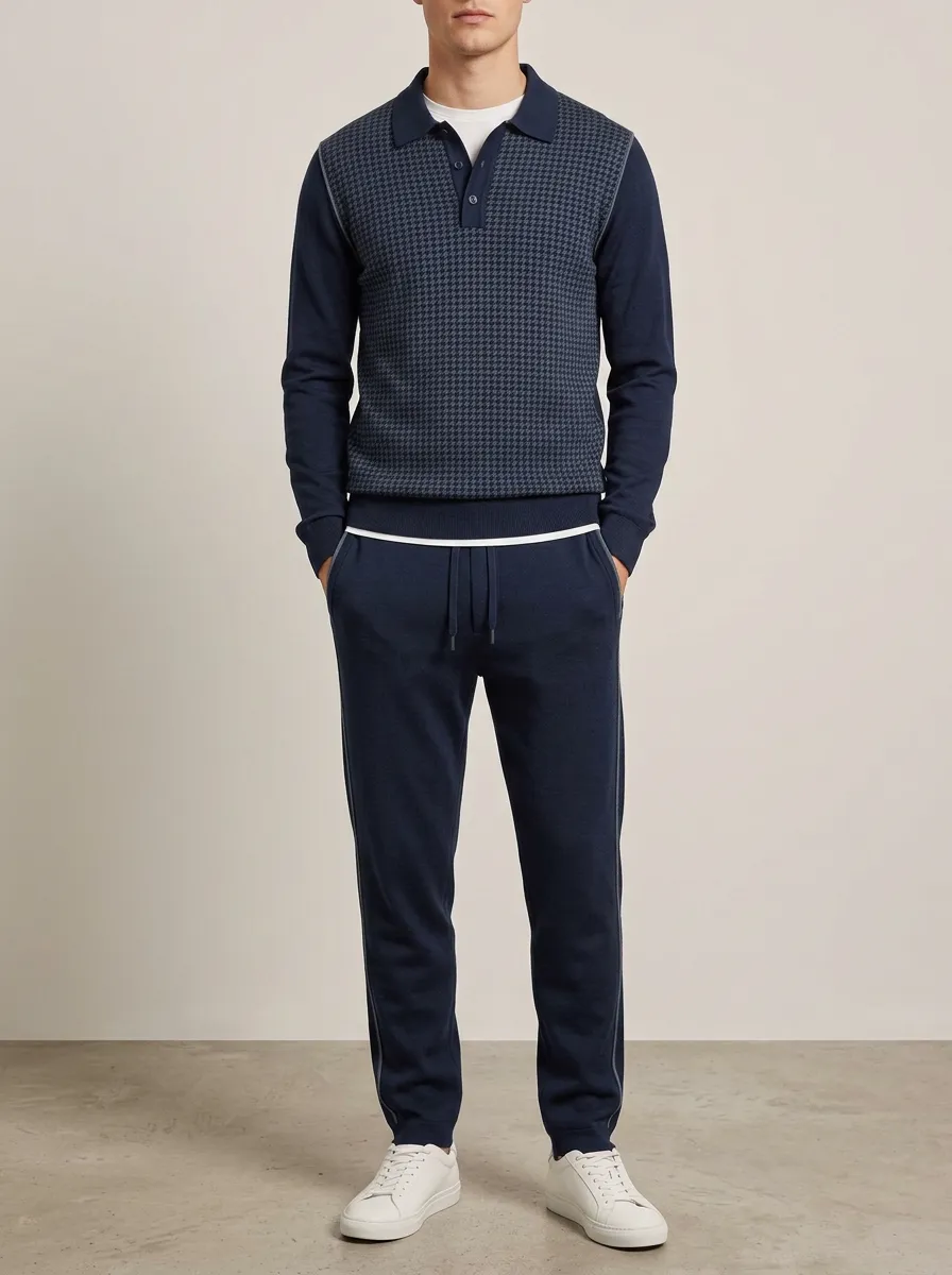 Men's Nature Inspired Houndstooth Polo Collar Jacket and Jogger Pants Set