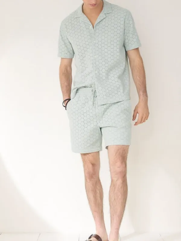 Simple Aqua Short-Sleeve Shirt with Embroidered Details