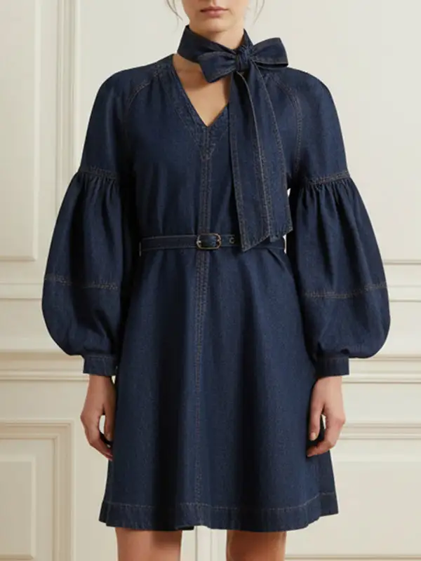 Long Sleeve Puff Sleeve Belted Bow Embellished Solid Color V Neck