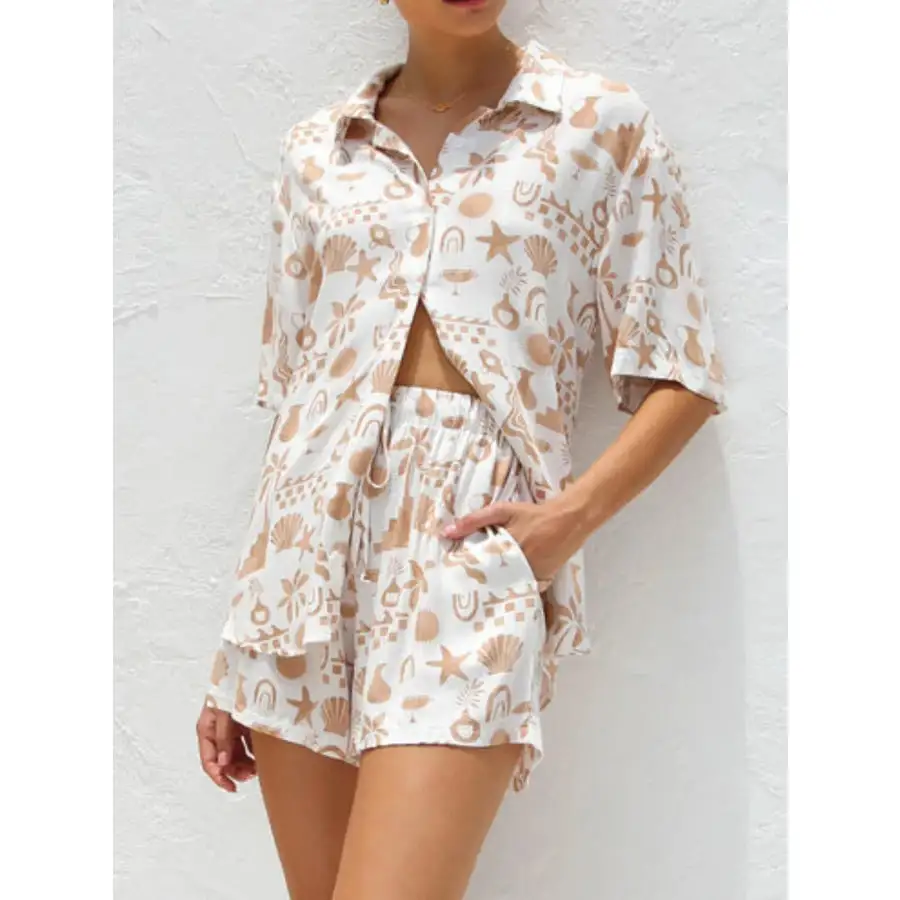 Printed Button Down Short Sleeve Top and Shorts Set