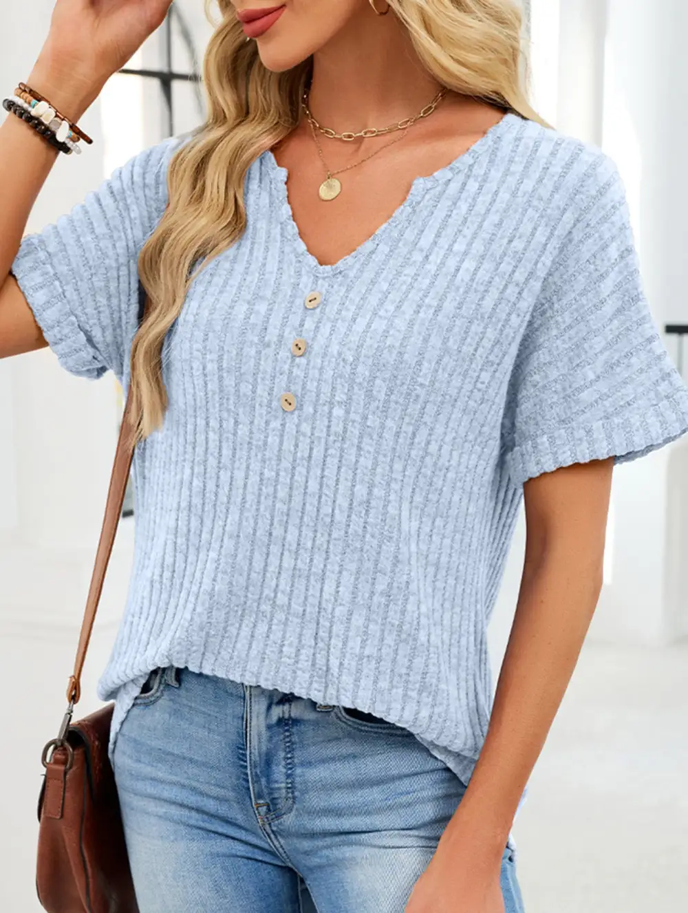 V Neck Button Front Loose Ribbed Tee
