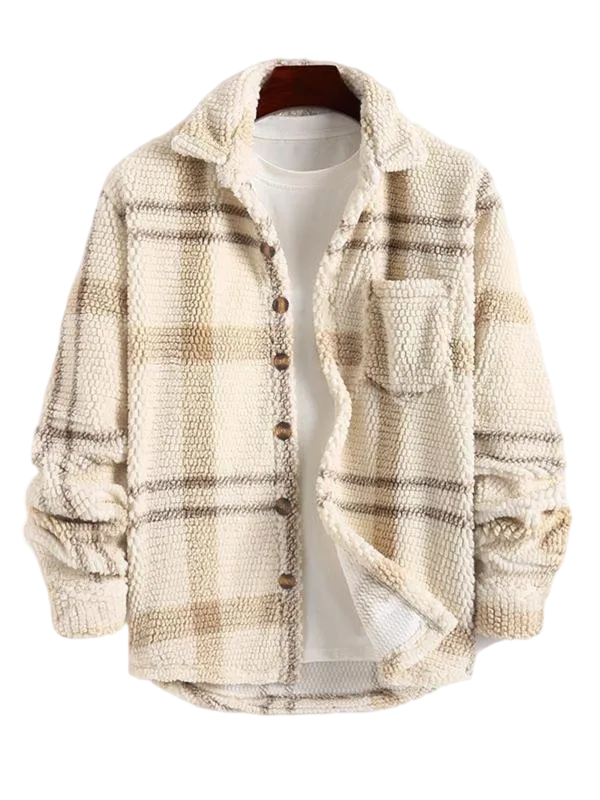 Men's Plaid Print Button Front Fleece Winter Jacket, Casual Comfortable Warmth Regular Fit Long Sleeve Pockets Warm Fleece Material Outerwear for Fall & Winter, Mens Clothing, Men's Clothes for Daily Wear