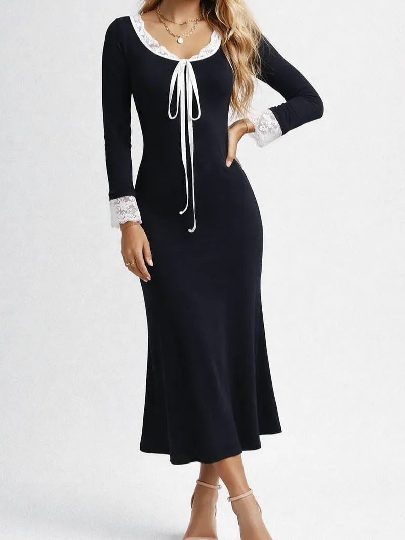 Lace Neck Long Sleeves Bow Midi Dress