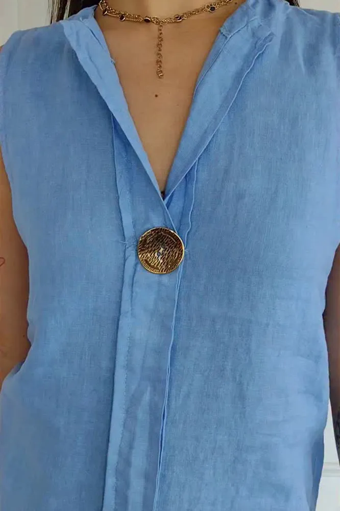 9PACK-Cotton And Linen Button Sleeveless Dress