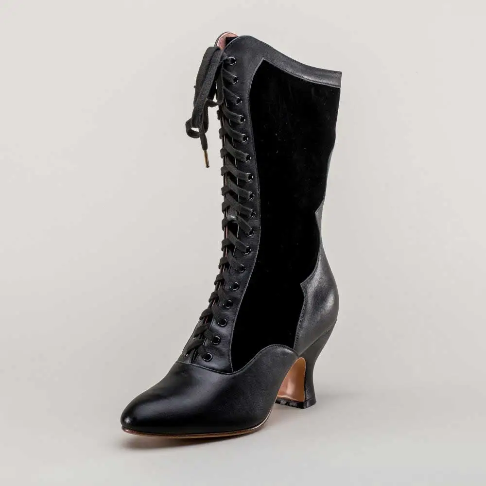 Faux-Leather Lace-Up Patchwork Spool-Heel Mid-Calf Boots