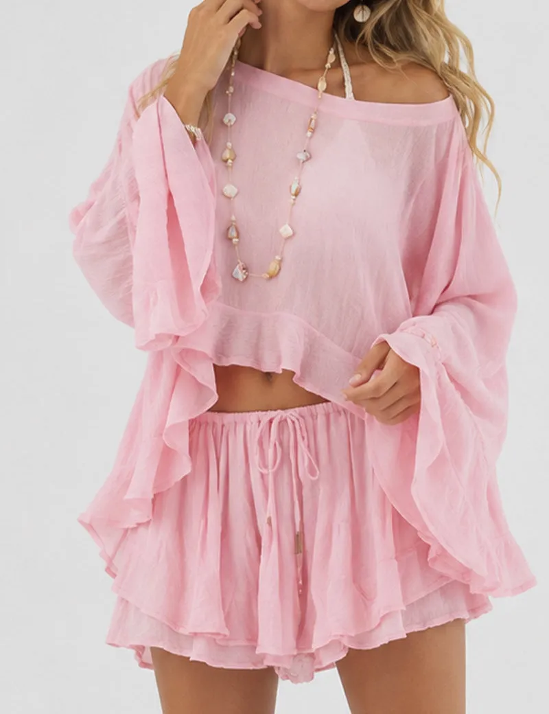 Chic Ruffle Sheer Chiffon Blouse and Skorts Set