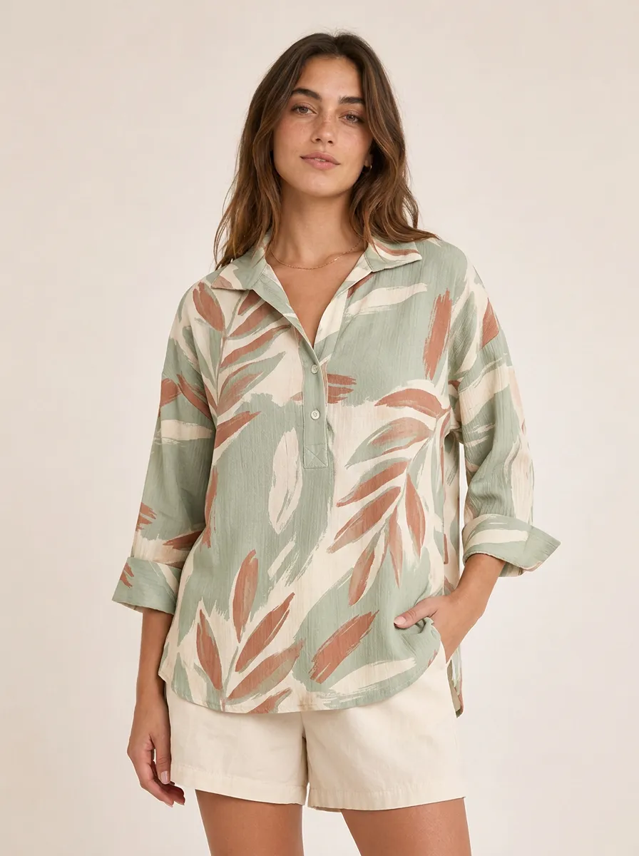 Women's Tropical Leaf Abstract Printed Button-Down Shirt