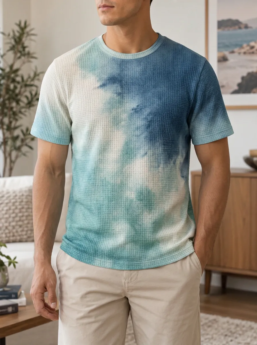 Men's Casual Tie-dye Waffle Knit Modern Crew Neck T-Shirt
