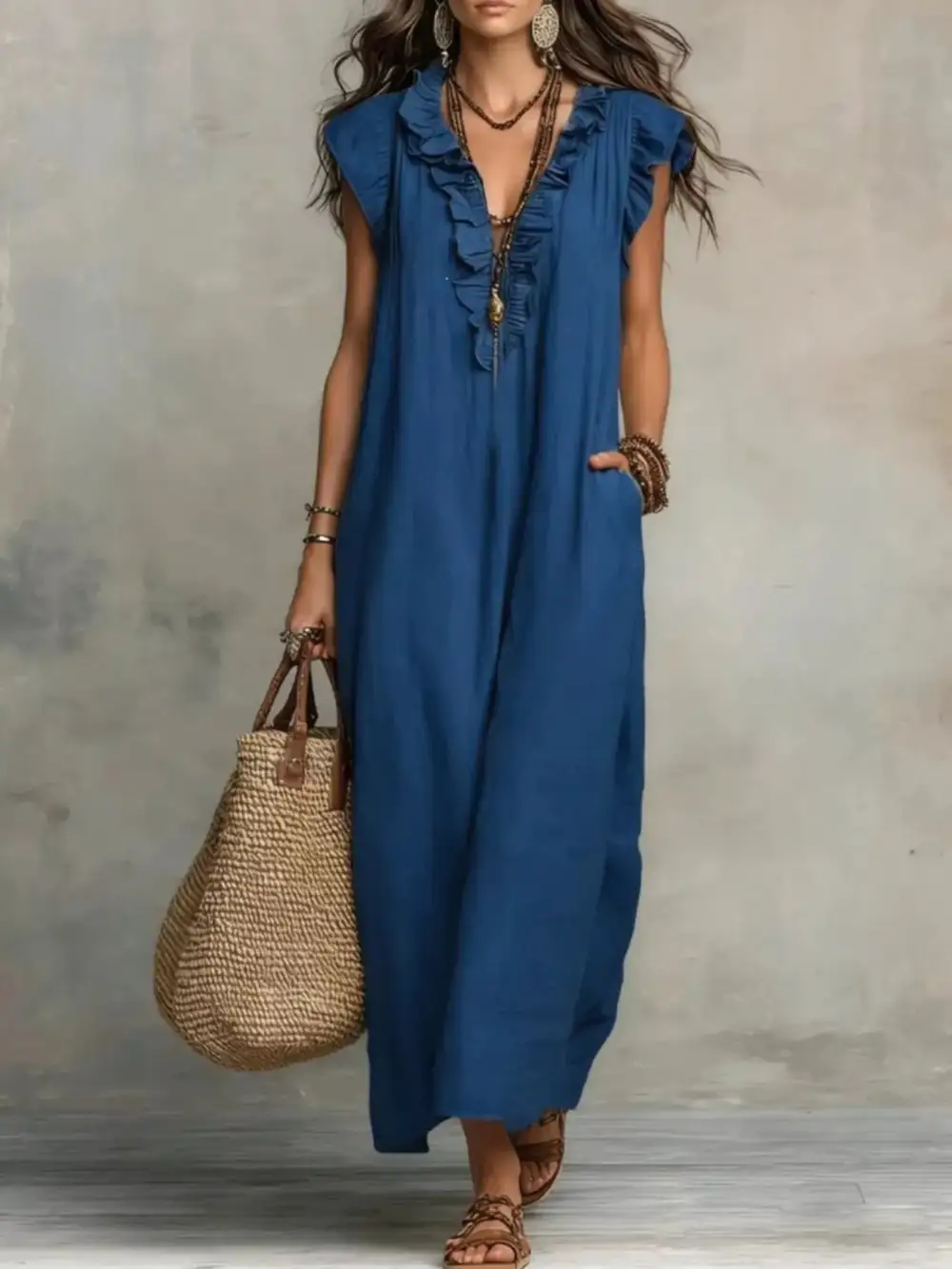 V-Neck Pocketed Maxi Dress