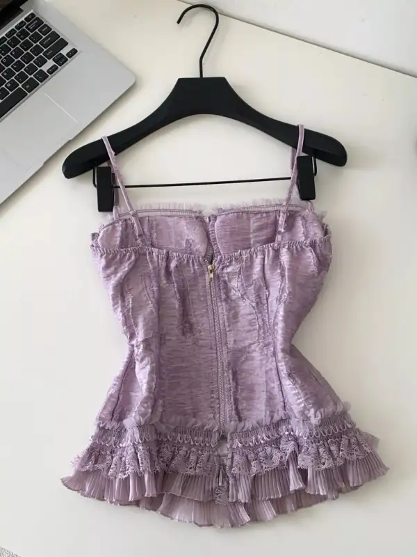 Buttoned Lace-Trim Ruffled Tank Top