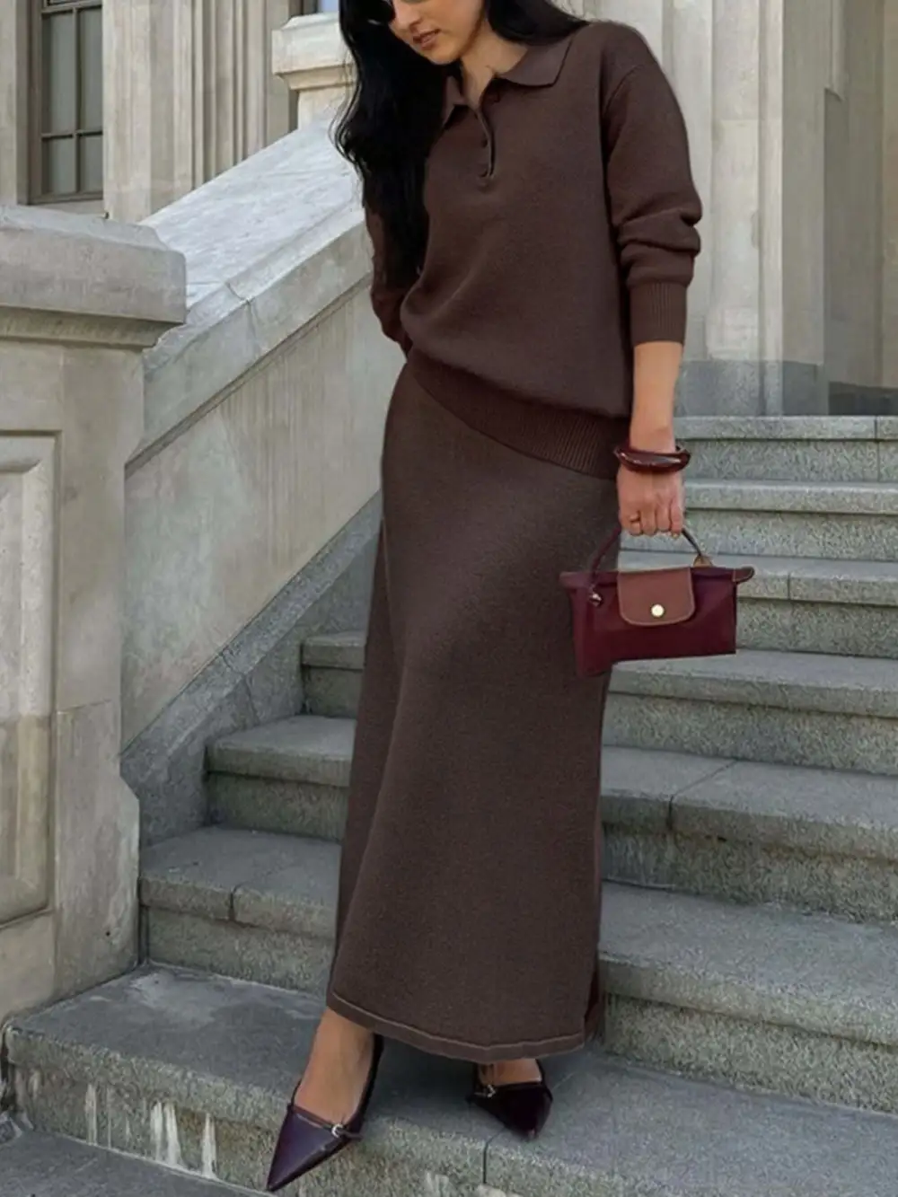 Polo Collar Top and Pants Or Skirt Knit Set