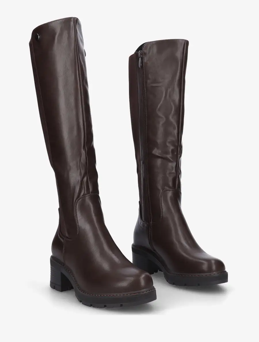 Bold Detail Stretch Panel Block Heel Faux Leather Knee High Boots