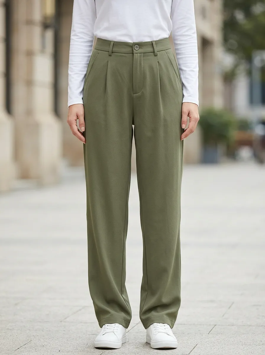 Women's Casual Pleated Straight-Leg Trousers
