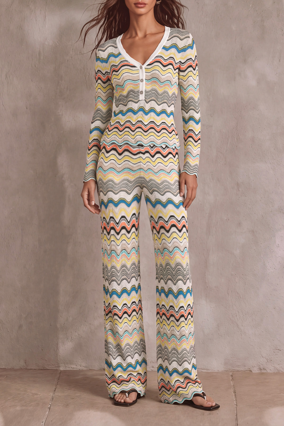 Classic Knit Striped Wavy Stripe Matching Pants Set