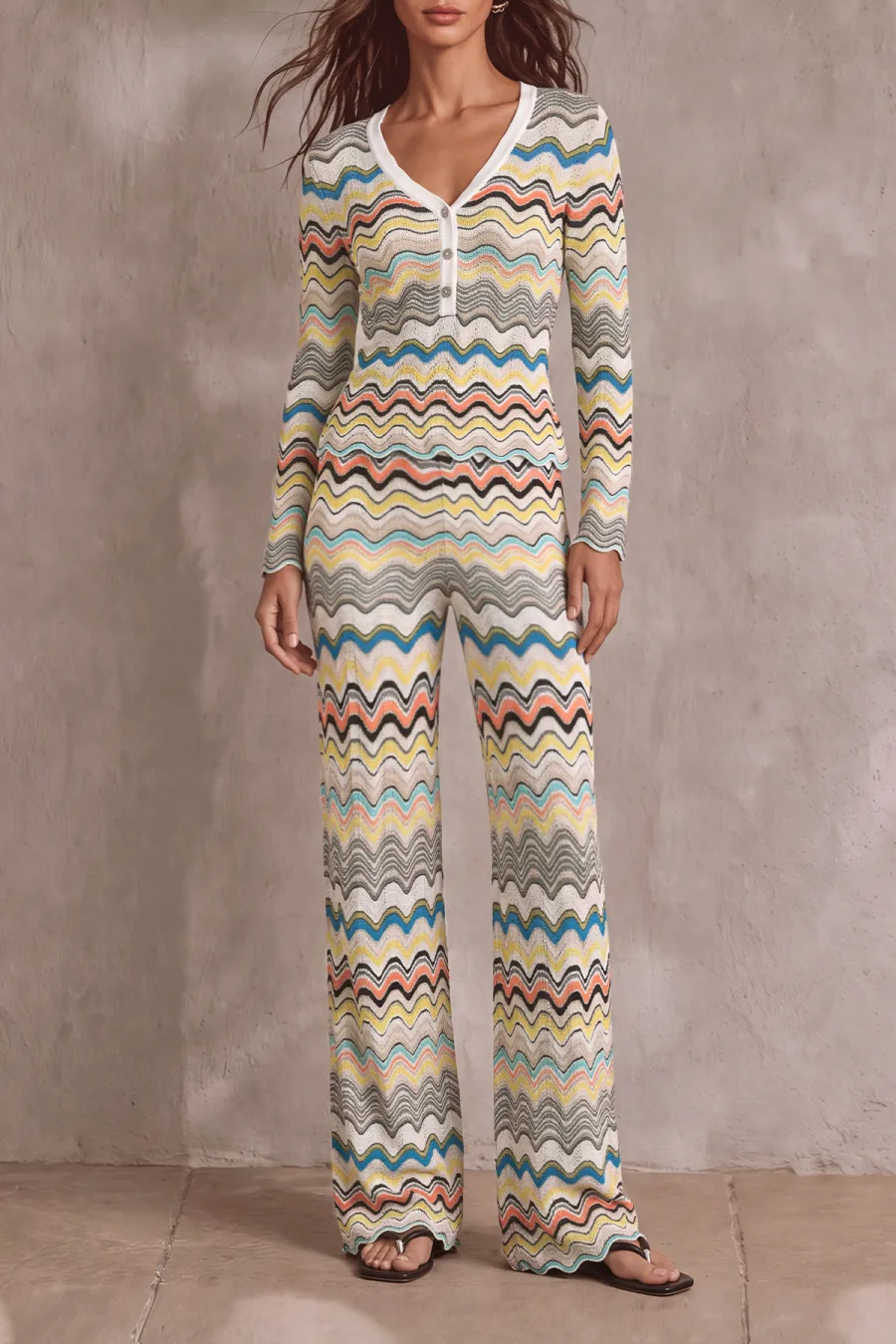 Classic Knit Striped Wavy Stripe Matching Pants Set