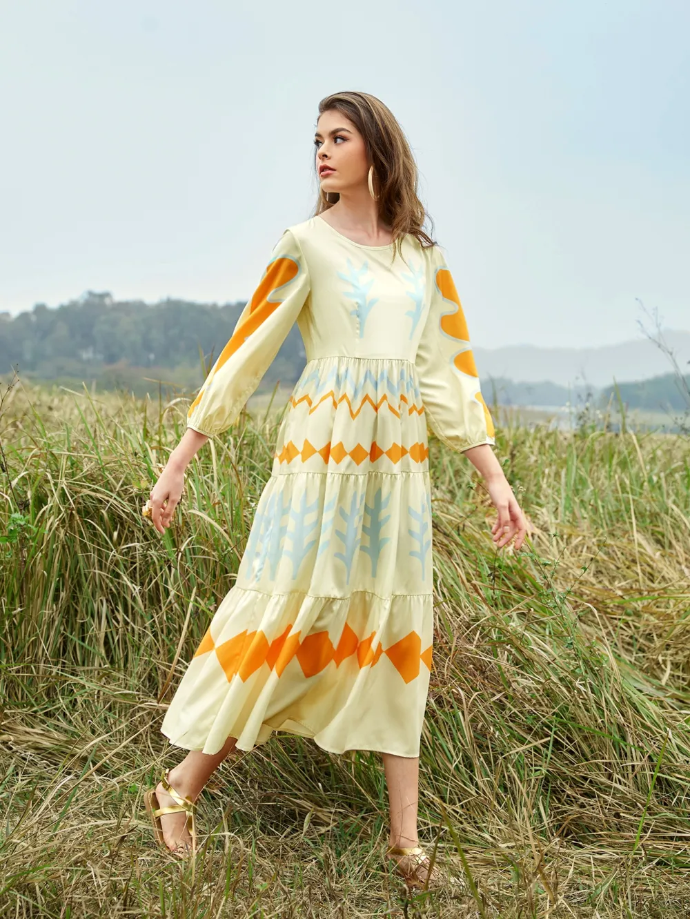 Geo Print Ruffle Hem Bishop Sleeve Dress