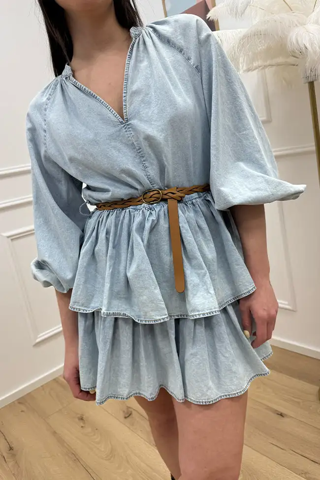 Puff‑Sleeve Tiered Denim Belted Dress