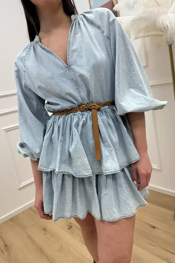 Puff‑Sleeve Tiered Denim Belted Dress