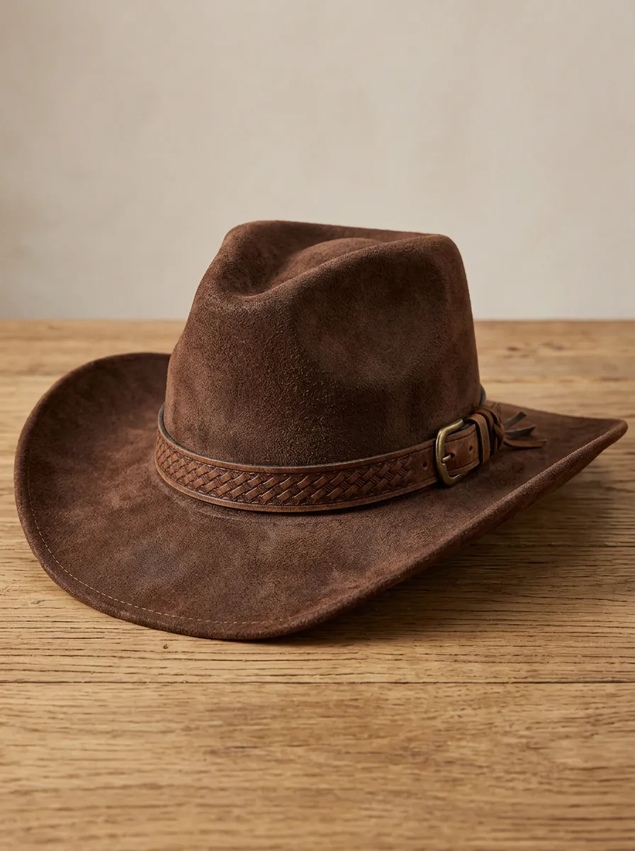 Men's Cowboy Hat with Suede Look Leather Look Wide Brim Detail