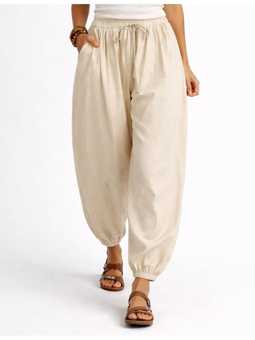 Solid Color Elastic Waist Drawstring Lantern Pants