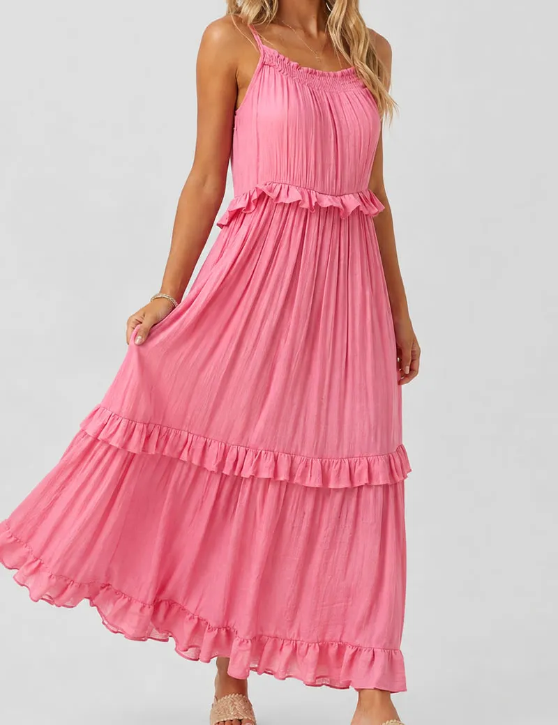 Boho Ruffle Tiered Hem Sleeveless Solid Color Maxi Dress