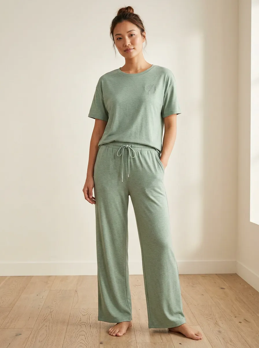 Active Wide Leg Leaf Graphic Finish Women's T-Shirt and Wide Leg Lounge Set