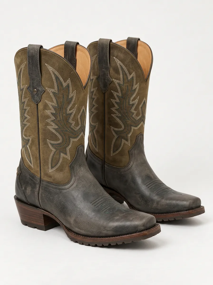 Unisex Olive Grey Leather Western Boots with Embroidery