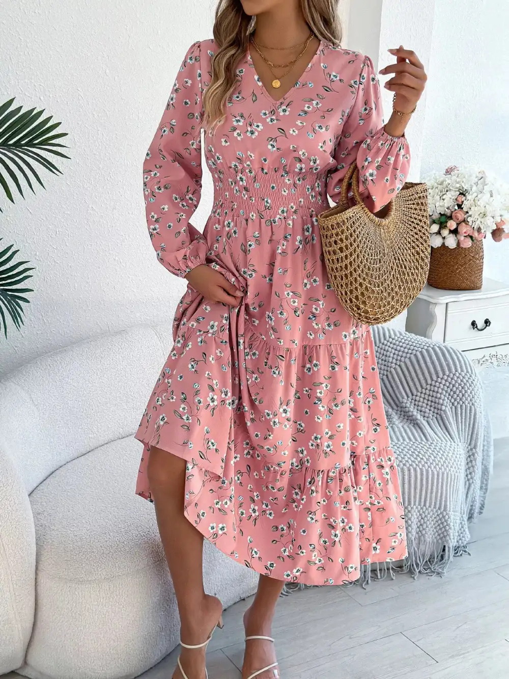 Structured Shape Floral Printed V Neck Midi Dress