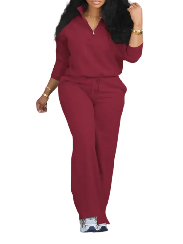 Women's Solid Half Placket Split Hem Pants Set