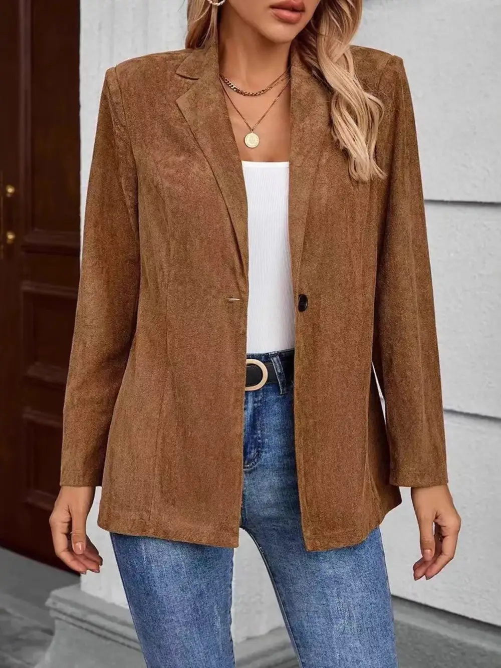 Lined Lapel Collar Single Button Blazer